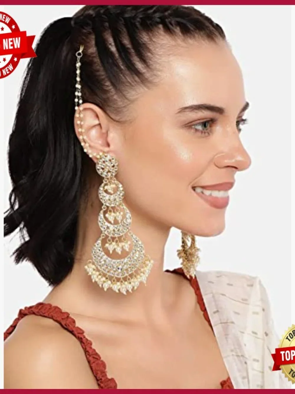 Long Kundan Pearl Studded Chandbali Earrings Traditional Indian Jewelry Gift